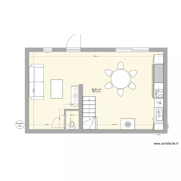 salon cuisine. Plan de 1 pièce et 43 m²