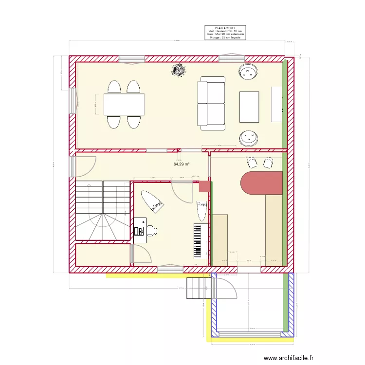 RDC. Plan de 1  et 64 m²
