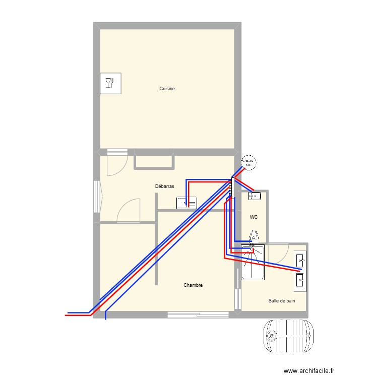 plomberie. Plan de 6 pièces et 65 m2