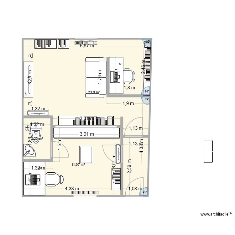 2 bureaux avec passerelle ou escalier ext. Plan de 3 pièces et 37 m2