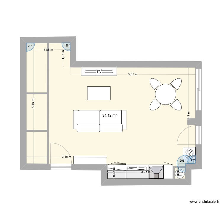GUIGUI 2. Plan de 1 pièce et 34 m2