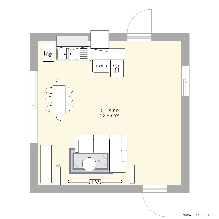 Salon intérieur et cuisine semi-aménager. Plan de 1 pièce et 23 m2