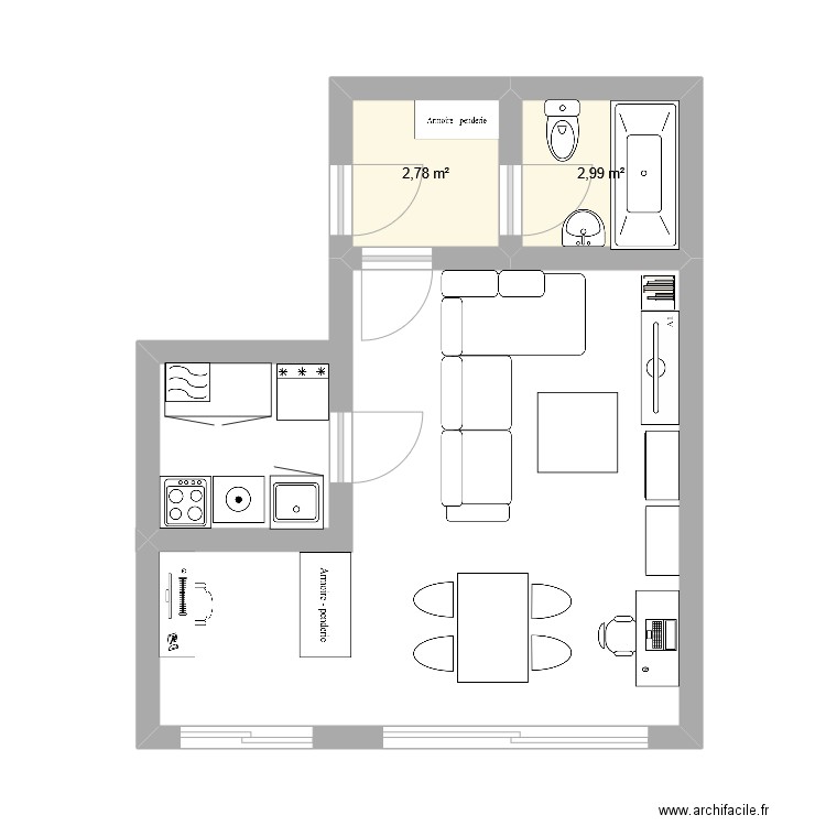 Studio. Plan de 2 pièces et 6 m2