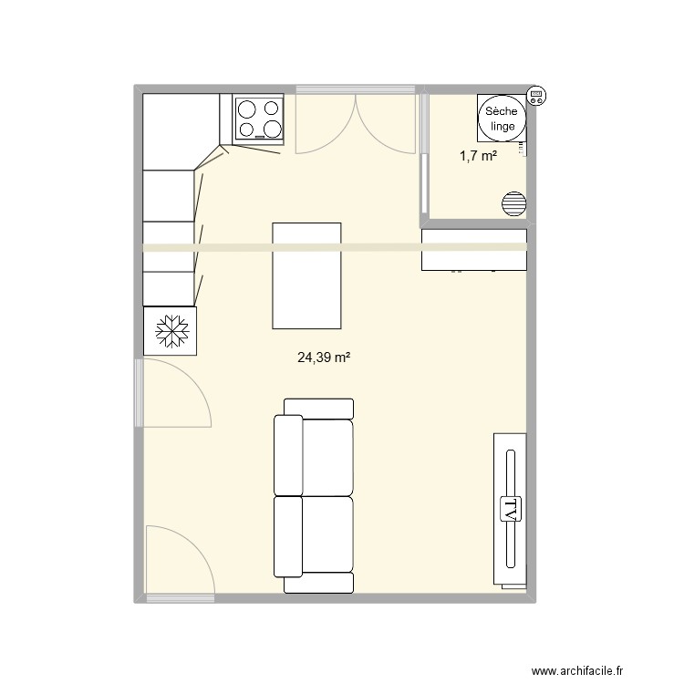 salon. Plan de 2 pièces et 26 m2