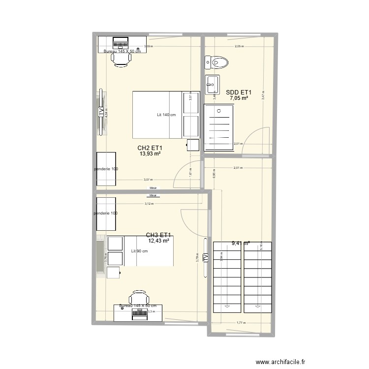 Annexe tenderie RDC. Plan de 4 pièces et 43 m2