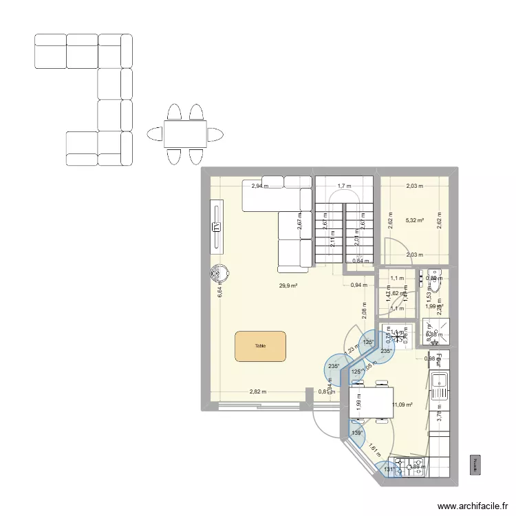 Cuisine Pythagore. Plan de 5 pièces et 50 m²