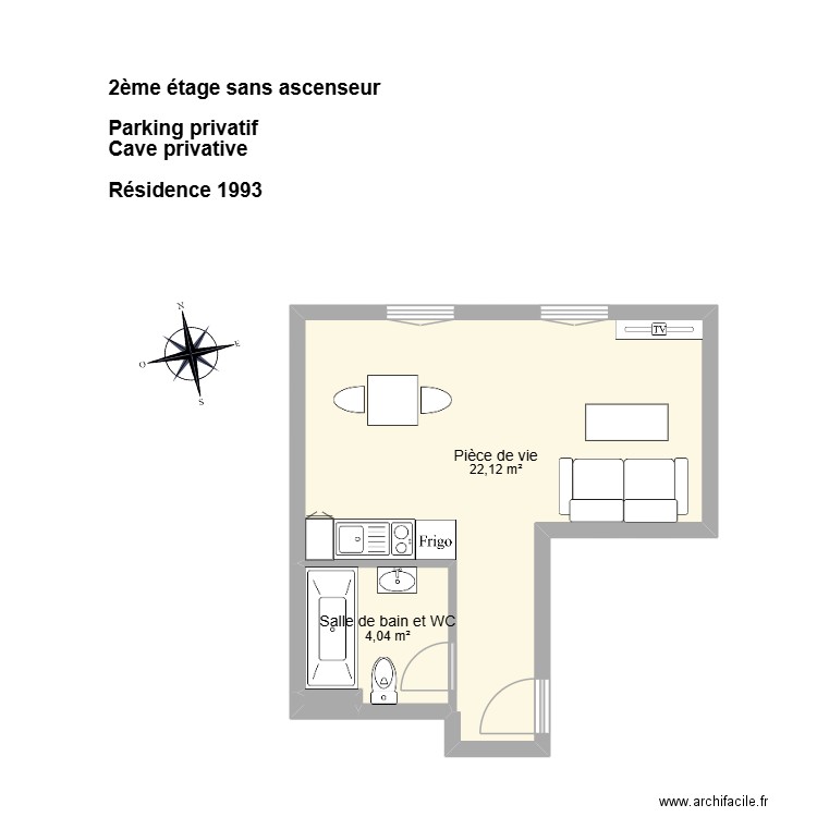 FOUGNOT. Plan de 3 pièces et 26 m2