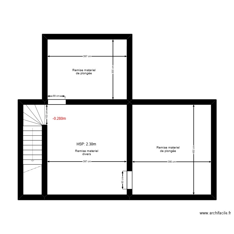 Tcap21 sous-sol existant. Plan de 3 pièces et 52 m2