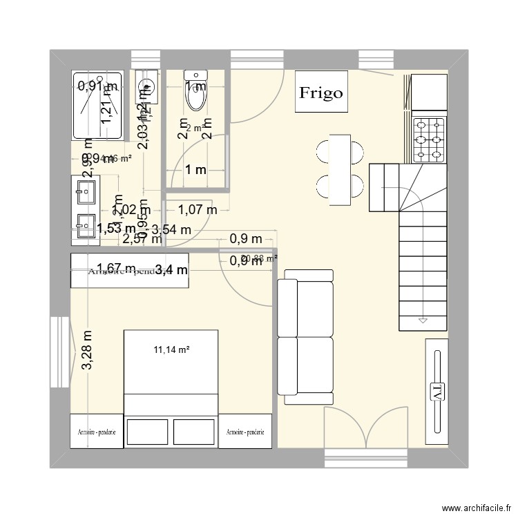 7 x 7 avec escalier. Plan de 4 pièces et 58 m2