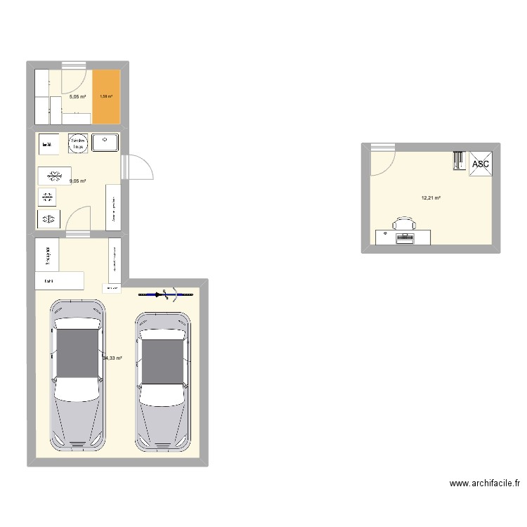 buanderie MC2. Plan de 4 pièces et 61 m2