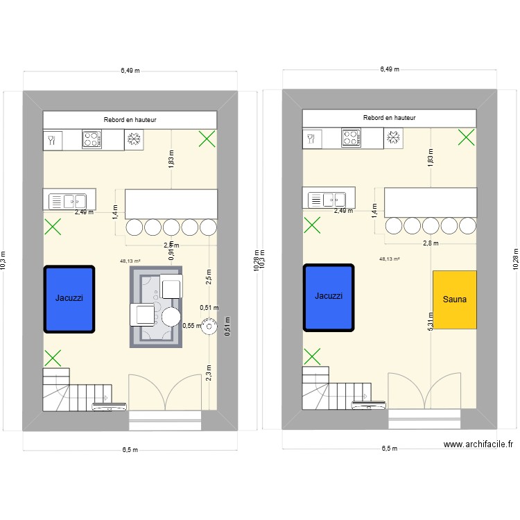 RDC. Plan de 2 pièces et 96 m2
