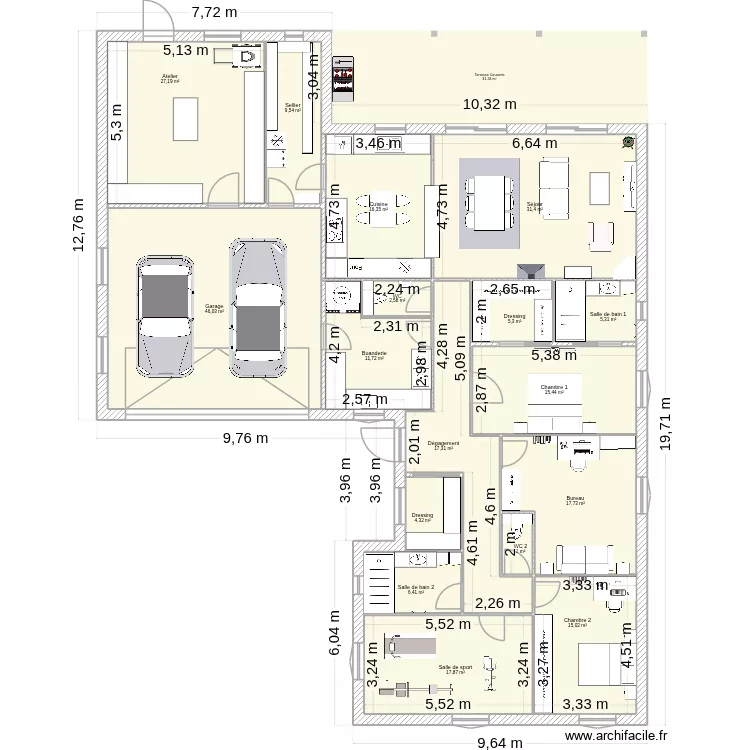 Plain pied - 2 chambres. Plan de 17  et 252 m²