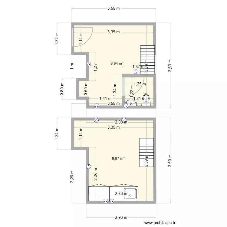 extension. Plan de 2  et 20 m²