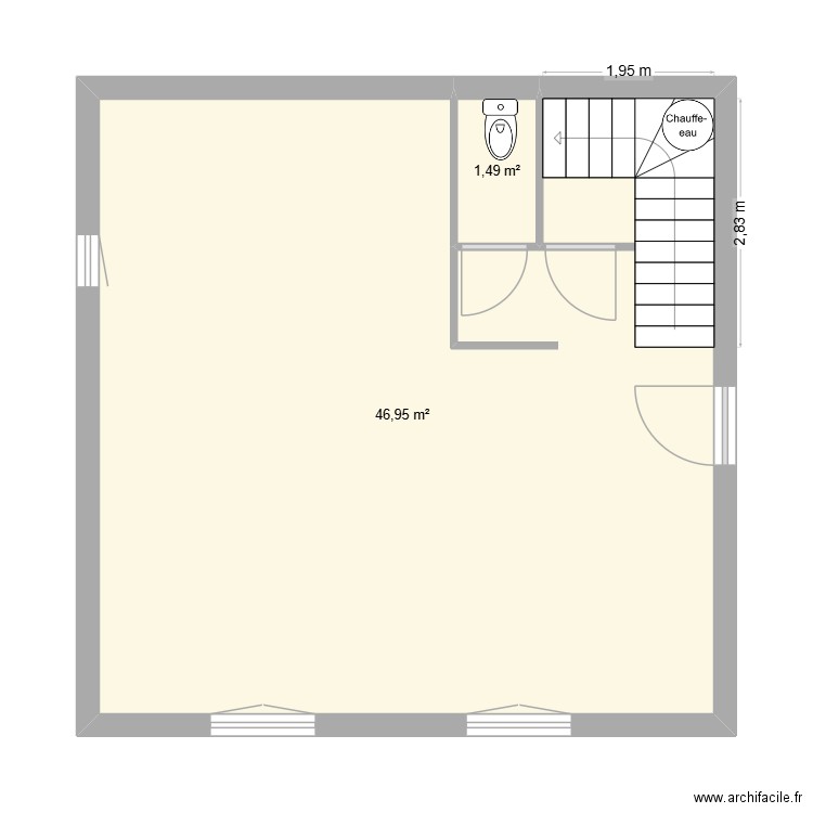 RDC. Plan de 2 pièces et 48 m2