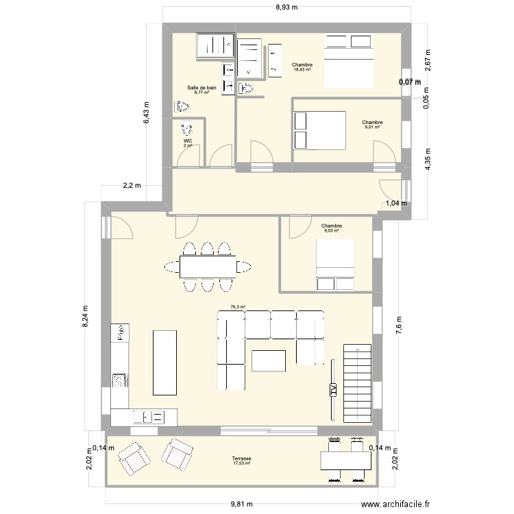 Sous-sol. Plan de 7 pièces et 140 m2