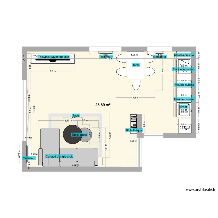 Séjour / Cuisine. Plan de 1 pièce et 29 m2