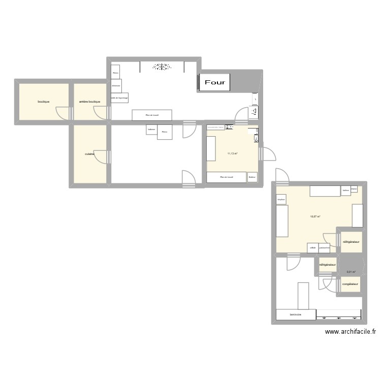 labo patisserie. Plan de 9 pièces et 53 m2