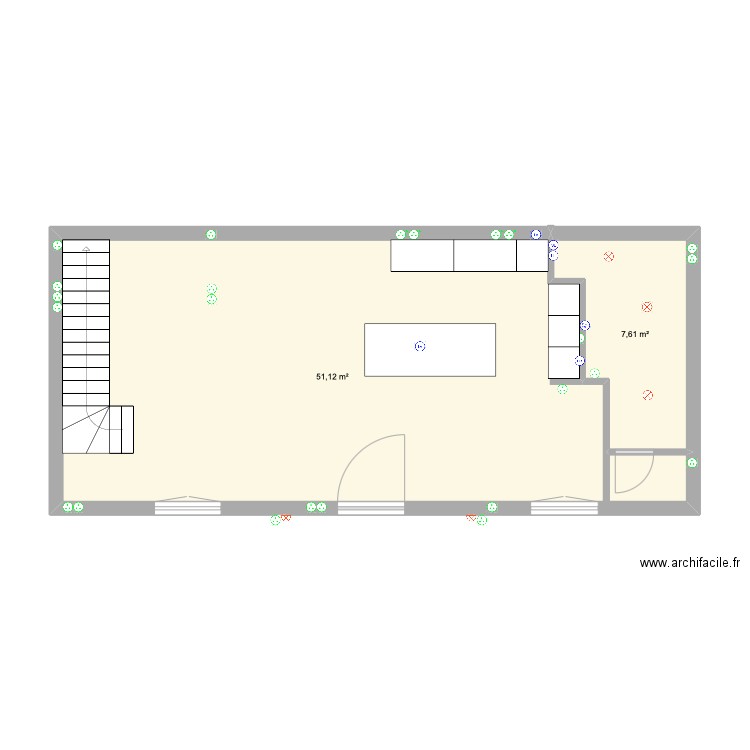 Rez de chaussée plancher. Plan de 2 pièces et 59 m2