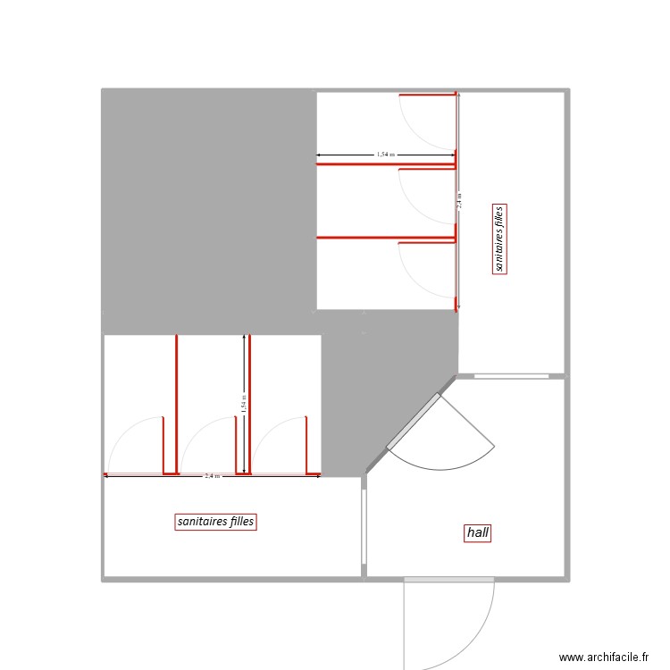 sanitaires fille cabines DIP. Plan de 12 pièces et 23 m2