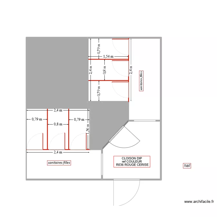 sanitaires fille cabines DIP. Plan de 
