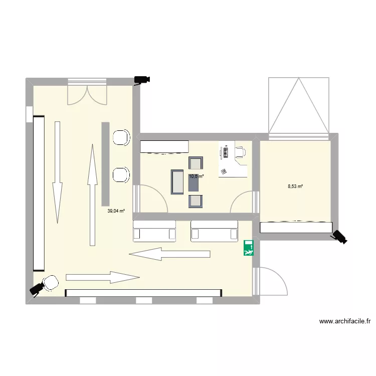 magasin. Plan de 3  et 58 m²
