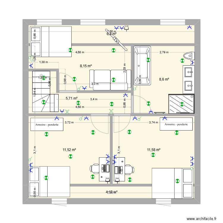 ETAGE 2 MAISON JEANNE D'ARC. Plan de 7 pièces et 56 m2