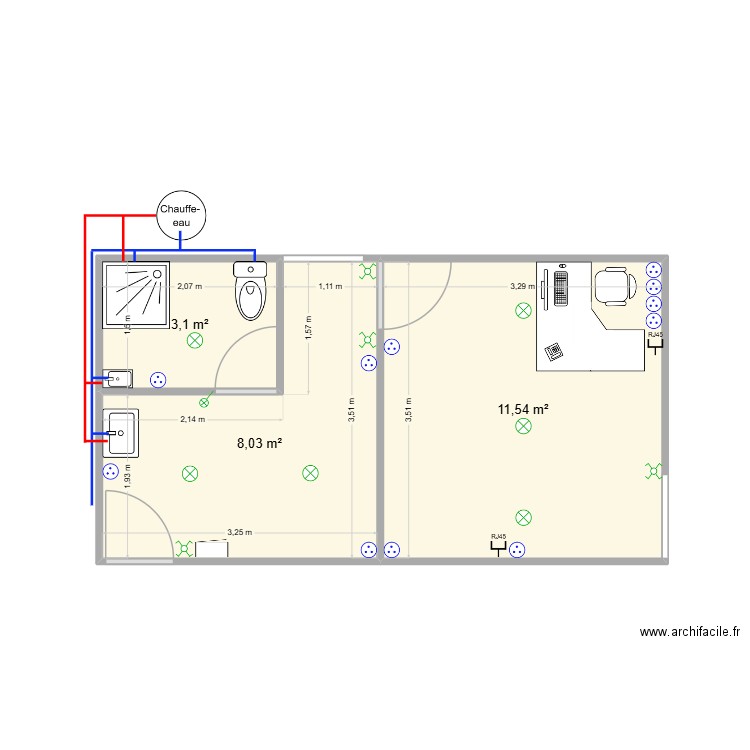 Bureau. Plan de 3 pièces et 23 m2