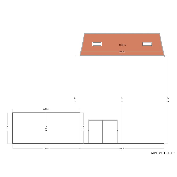 Facade Sud. Plan de 1 pièce et 11 m2