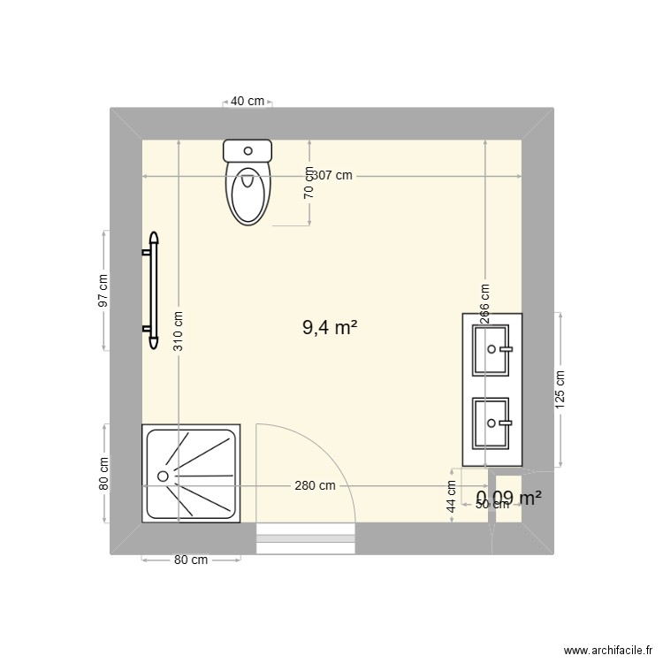 Salle de Bain (JAUNE). Plan de 2 pièces et 9 m2