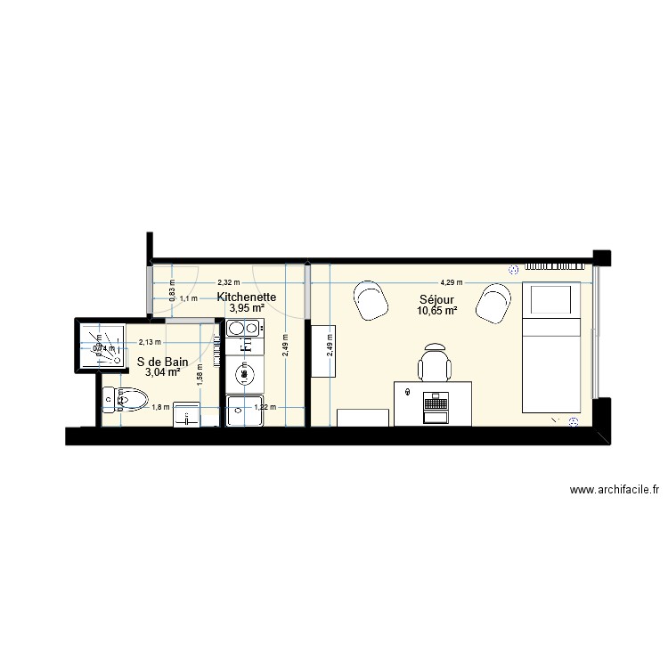 Studio. Plan de 3 pièces et 18 m2