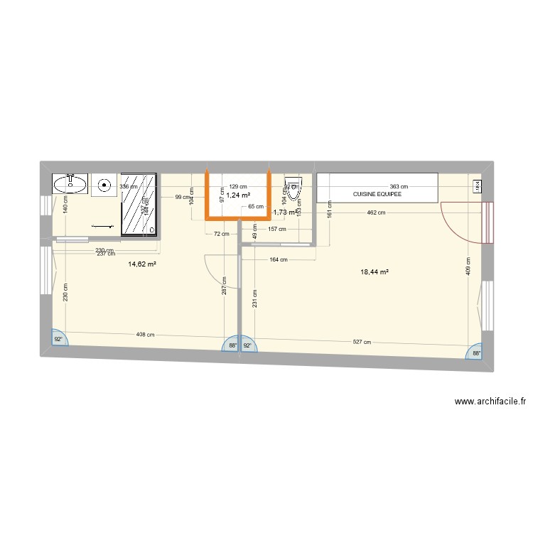 F2 RDC VETHEUIL. Plan de 4 pièces et 36 m2