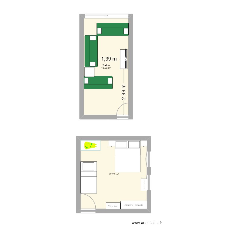 CC & PS. Plan de 2 pièces et 35 m2