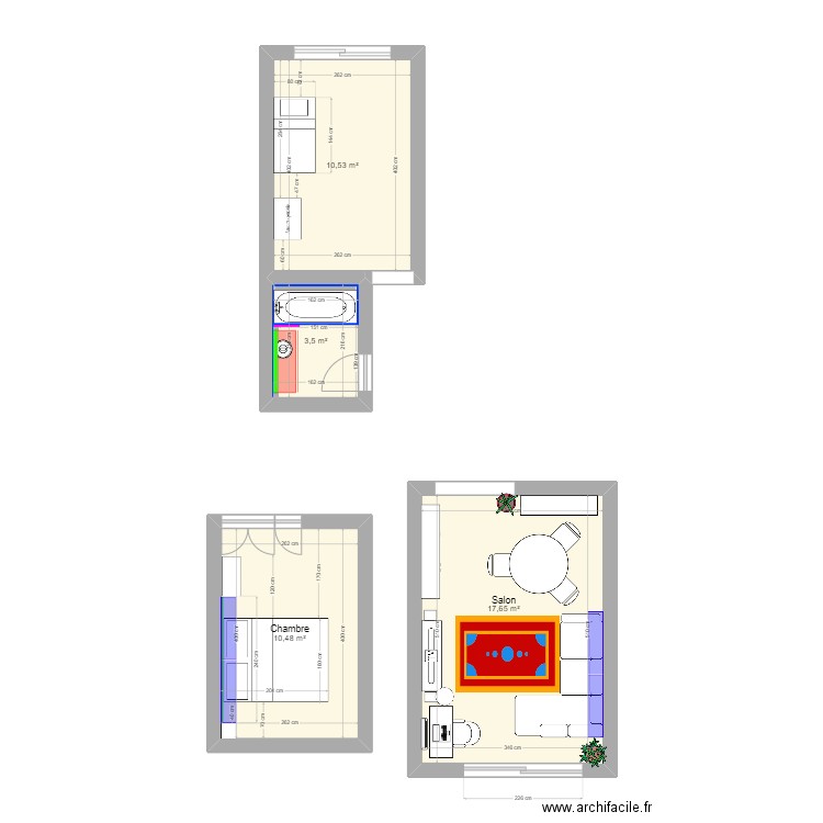 Chambre à coucher. Plan de 3 pièces et 32 m2