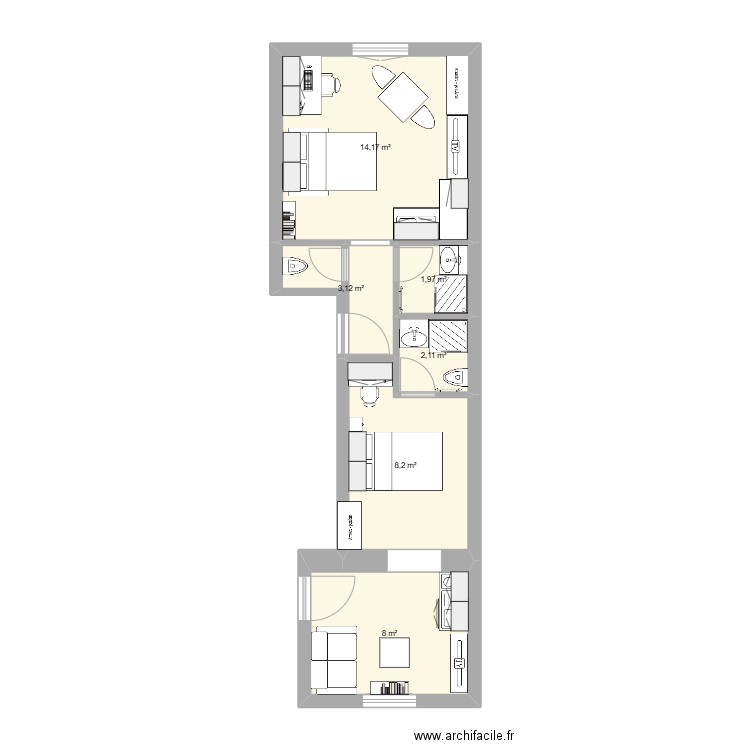 2 Studios Projet 1. Plan de 6 pièces et 38 m2