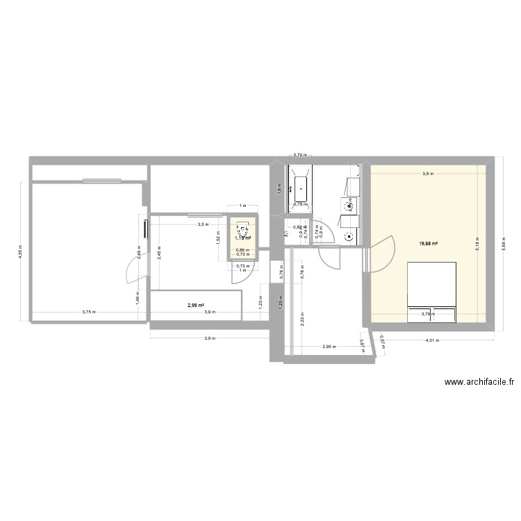 ETAGE. Plan de 3 pièces et 24 m2
