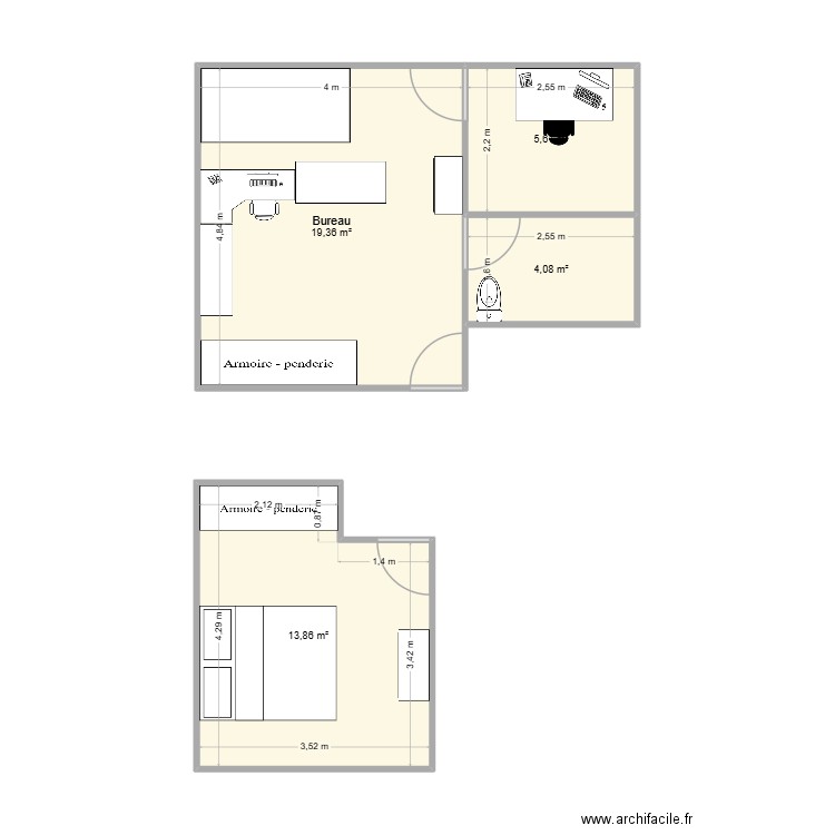 modification bureau. Plan de 4 pièces et 43 m2