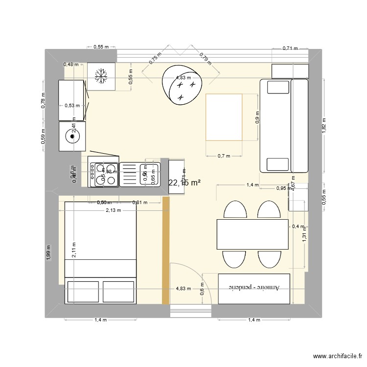 Appart. Plan de 1 pièce et 22 m2