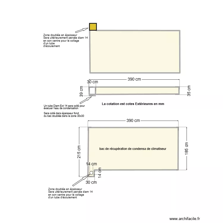 Bac PVC condensa sans tube. Plan de 