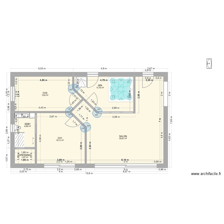 plan sans meuble rdc maison Sillans salon ch1+ch2 indice b +spa B. Plan de 6 pièces et 81 m2