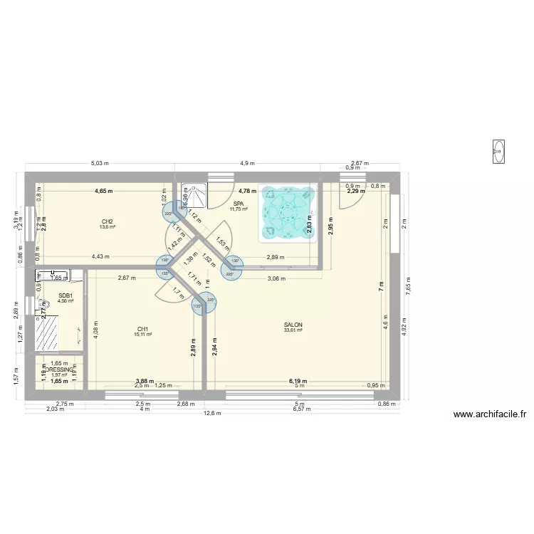 plan sans meuble rdc maison Sillans salon ch1+ch2 indice b +spa B. Plan de 6  et 81 m²