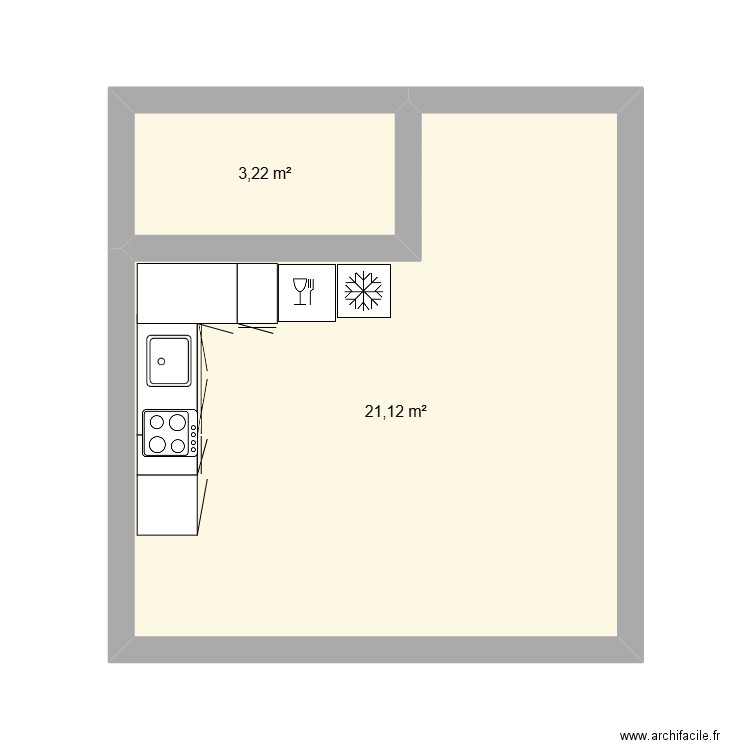 cuisine. Plan de 2 pièces et 24 m2