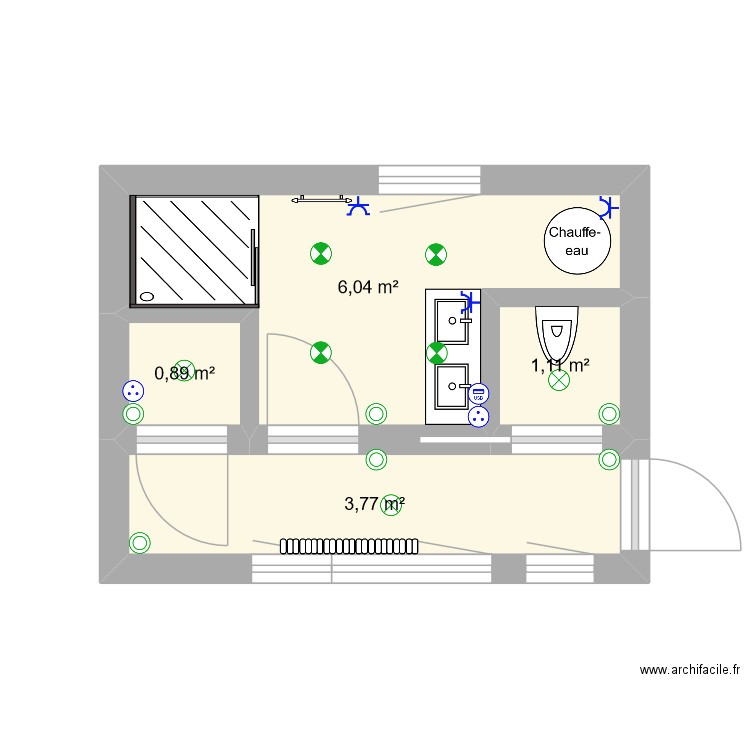 Pièces sanitaires. Plan de 4 pièces et 12 m2
