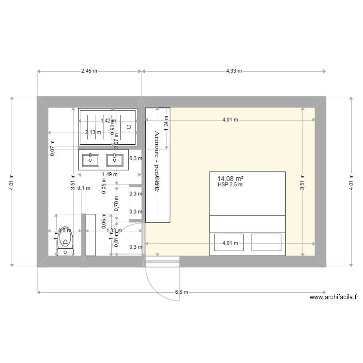 salle de bain. Plan de 1 pièce et 14 m2