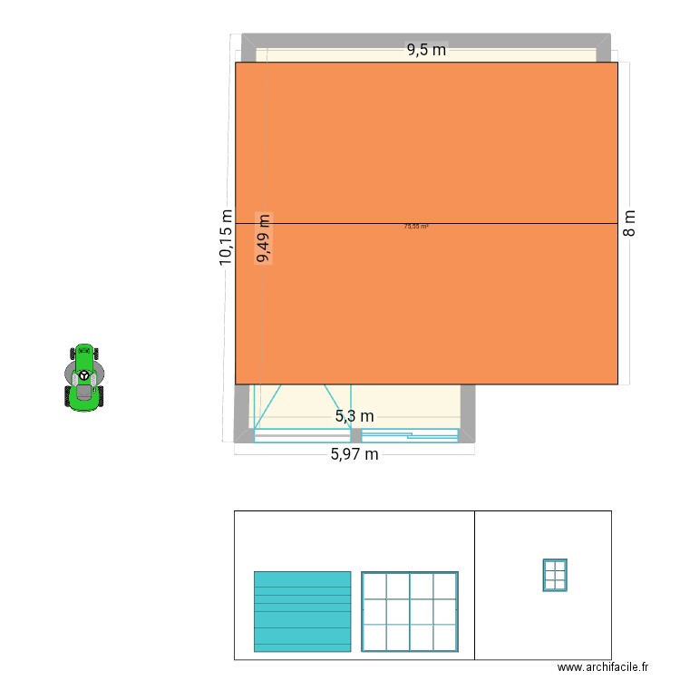 Façade 5. Plan de 1 pièce et 76 m2