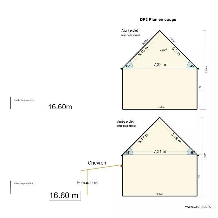 DP3 plan en coupe. Plan de 4  et 87 m²