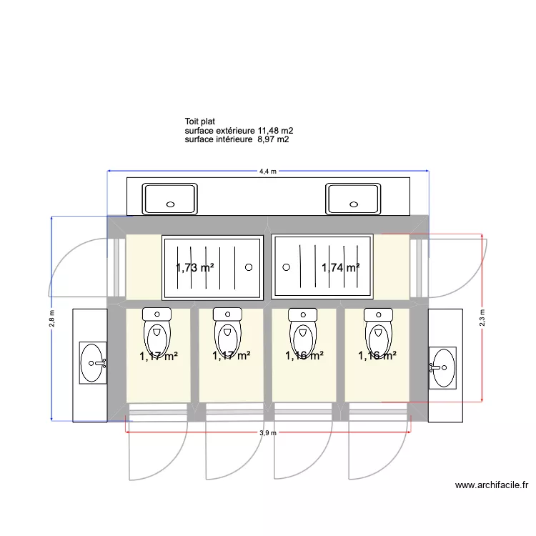 2 douches 4 WC 4,40 x 2,80. Plan de 6 et 8 m² 2 douches 4 WC 4,40 x 2,80. Plan de 6 et 8 m²