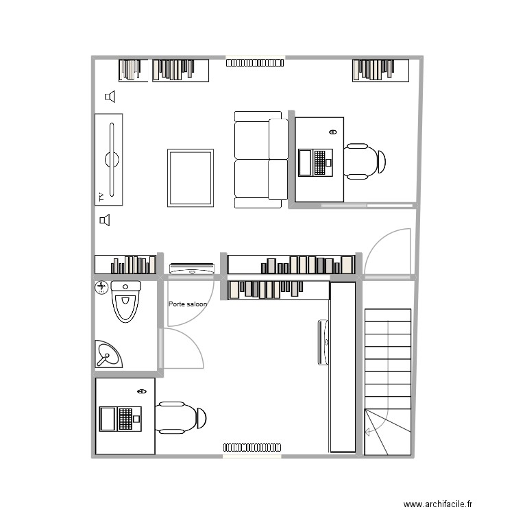 2 bureaux meubles existants et neufs encastrés. Plan de 4 pièces et 37 m2
