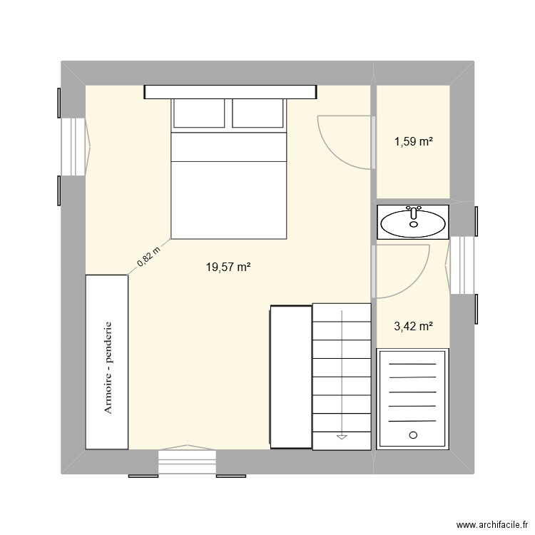 MC/JM  chambre 1er. Plan de 3 pièces et 25 m2