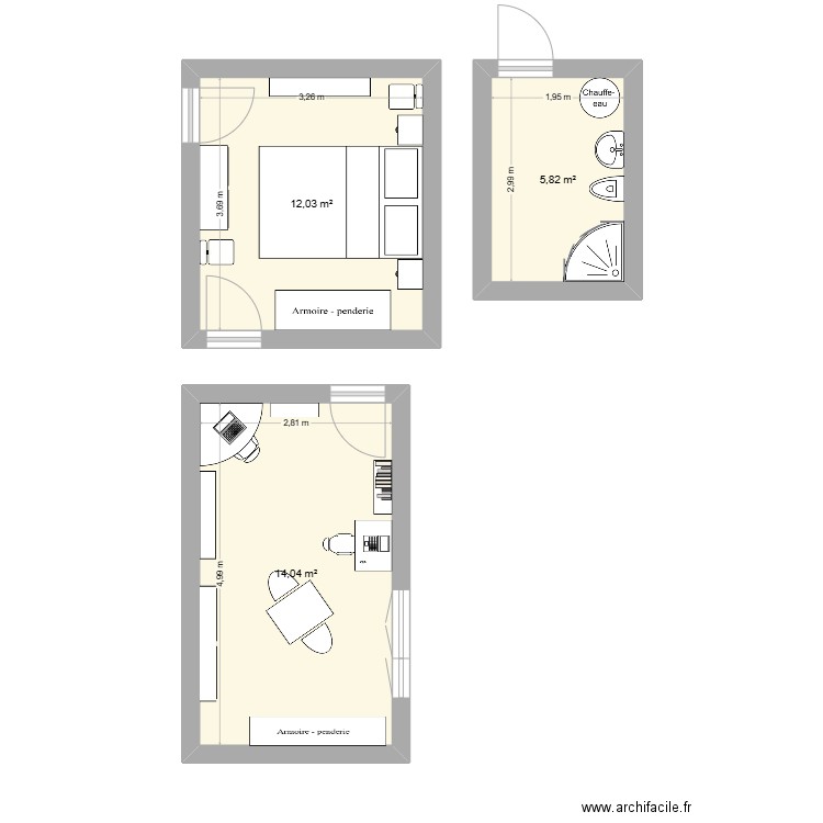nouvelle disposition chambre. Plan de 3 pièces et 32 m2