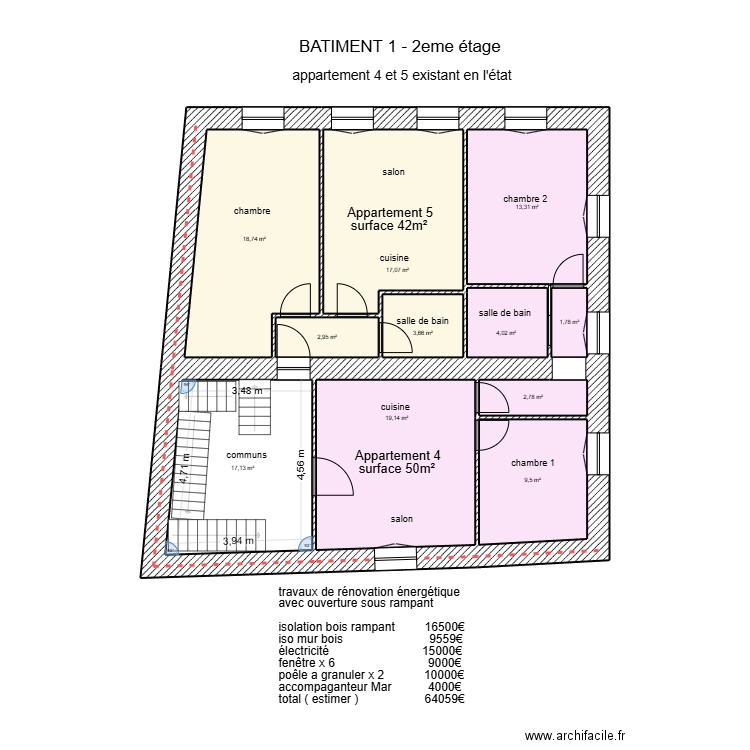 Bâtiment 1 2eme étage + estimation loyer + travaux léger. Plan de 11 pièces et 110 m2